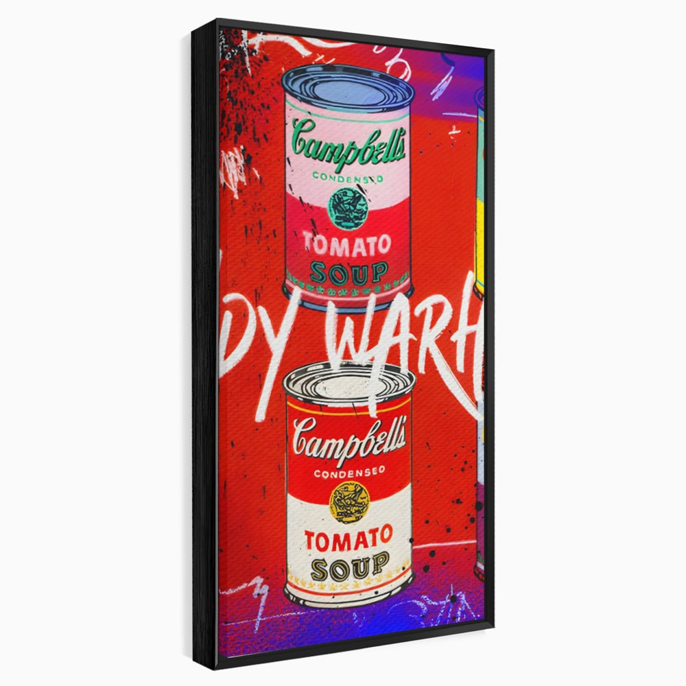 Tablou canvas cu tablou canvas cu cutii de supa, in rama de aluminiu negru